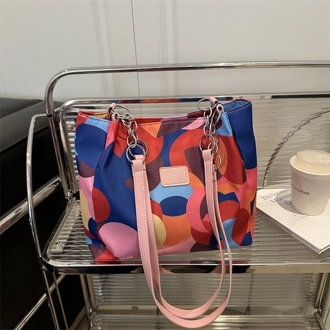 Borsa Tote da Donna alla Moda con Stampa Astratta Geometrica in Nylon con Tracolla a Catena Grande Capacità