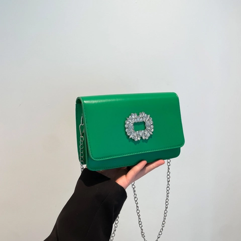 Elegant PU Leather Small Square Bag With Rhinestone Buckle Silver Metal Chain Shoulder Bag For Women Daily Party Handbag