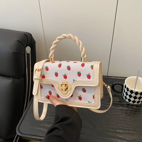 Fashion Women Strawberry Print Small Square Bag Braided Handle PU Leather Crossbody Handbag With Golden Flower Lock Versatile Shoulder Bag