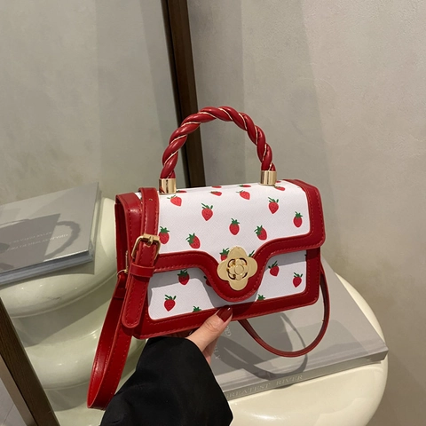 Fashion Women Strawberry Print Small Square Bag Braided Handle PU Leather Crossbody Handbag With Golden Flower Lock Versatile Shoulder Bag
