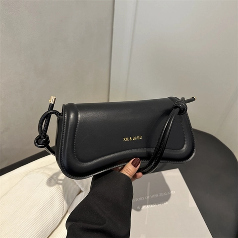 Bolso de Axila de Cuero PU Minimalista para Mujer Bolso de Hombro Vintage Color Sólido Con Curva de Onda y Correa de Nudo