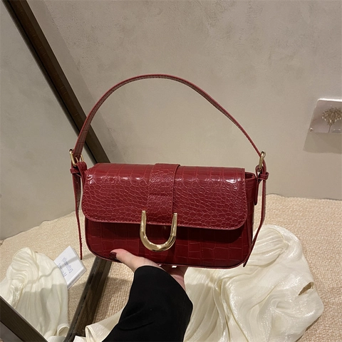 Retro Krokodilmuster PU Leder Umhängetasche Für Damen Mode Minimalistische Klappe Achseltasche Mit Goldener Metallschnalle