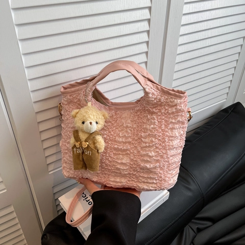 Koreanischer Stil Geraffte Popcorn Stoff Schultertasche Für Damen Süße Plissee Handtasche Mit Bären Anhänger Umhängetasche