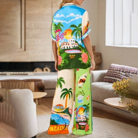 Damen Tropenprint Urlaub Casual Kurzarm Button Down Hemd Und Weites Bein Hose Outfit Co-ords Relaxed Sommer Kleidung