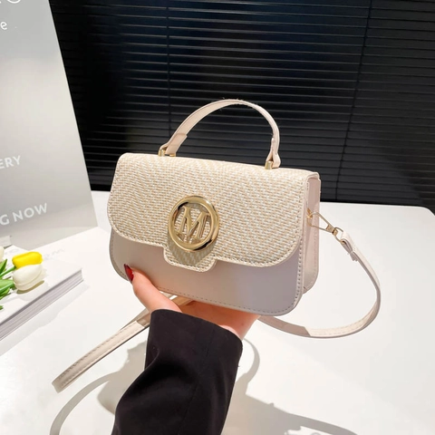 Women Fashion PU Leather Small Square Crossbody Bag With M Letter Metal Lock Woven Stitching Shoulder Bag Handbag