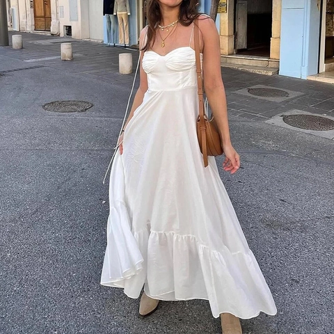 Elegantes Weißes Maxi Kleid Mit Hoher Taille Und Spaghettiträgern Für Damen Französischer Vintage Stil Rückenfrei