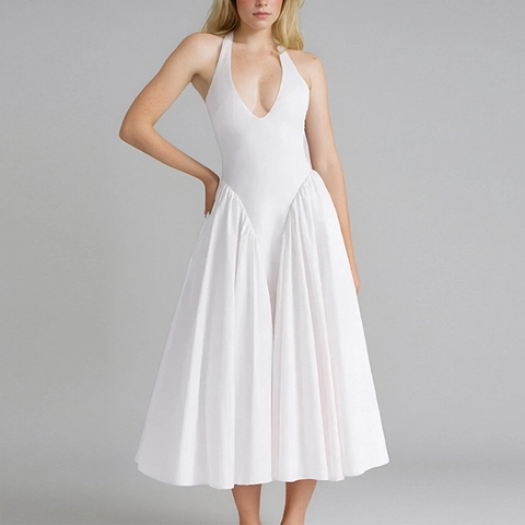 Elegant Halter Deep V Neck Backless Pleated Maxi Dress For Women Solid Color Evening Party Wedding Banquet Long Dress