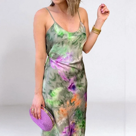 Ensemble Robe Longue Femme Imprimé Floral Abstrait Tie-Dye Épaules Dénudées Châle Manches Longues Et Cami Maxi Set Tenues Élégantes En Satin Pour Vacances Fête