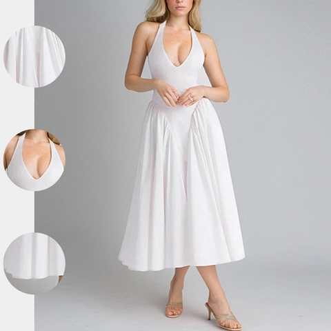 Elegant Halter Deep V Neck Backless Pleated Maxi Dress For Women Solid Color Evening Party Wedding Banquet Long Dress