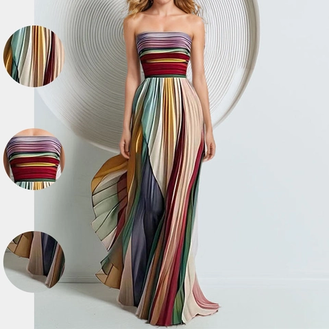 Vestido Largo Sexy de Rayas de Arco Iris Plisado con Top de Tubo Elegante sin Mangas de Cintura Alta