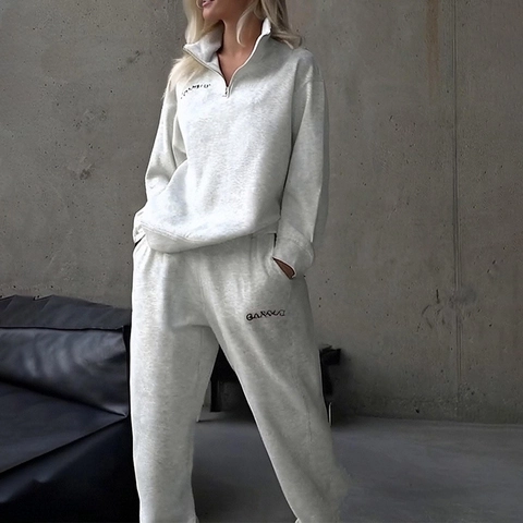 Set da Salotto Casual da Donna Due Pezzi Felpa con Mezza Zip a Maniche Lunghe e Pantaloni Jogger a Vita Alta Tuta Sportiva
