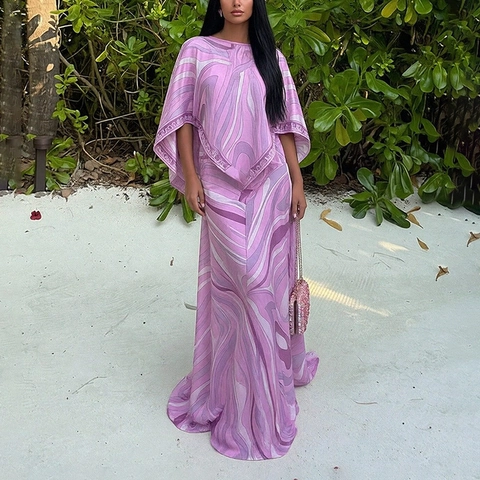 Ensemble Jupe Femme Élégant Imprimé Marbre Violet Haut à Cape et Jupe Longue Taille Haute Vacances