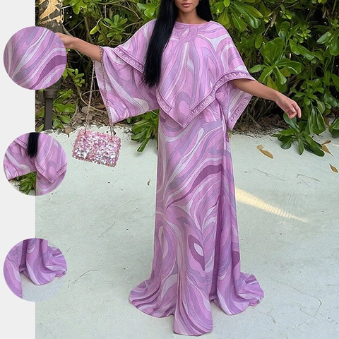 Ensemble Jupe Femme Élégant Imprimé Marbre Violet Haut à Cape et Jupe Longue Taille Haute Vacances