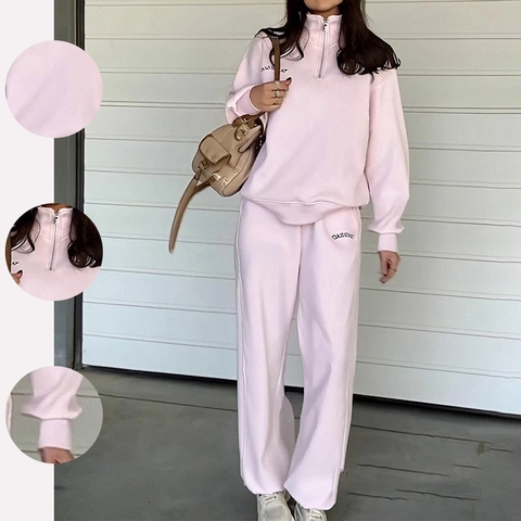 Set da Salotto Casual da Donna Due Pezzi Felpa con Mezza Zip a Maniche Lunghe e Pantaloni Jogger a Vita Alta Tuta Sportiva