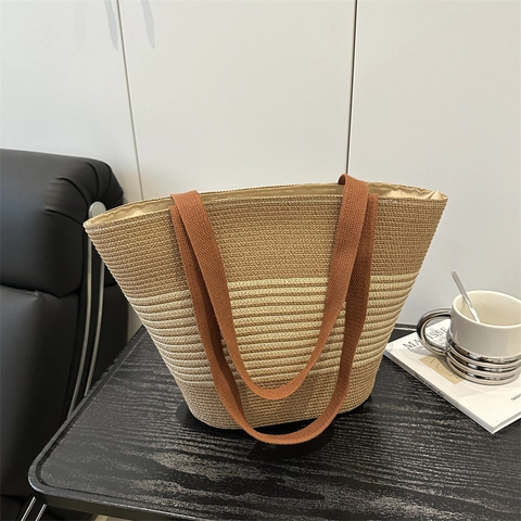 Borsa Tote Casual in Paglia Intrecciata da Donna a Righe a Contrasto Borsa a Spalla Estiva per Spiaggia Minimalista Vacanza