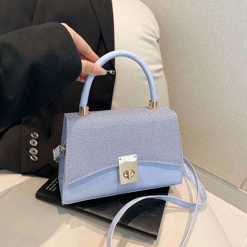 Women Trendy Splicing Crossbody Bag PU Leather Woven Texture Square Handbag Metal Lock Adjustable Strap Street Fashion Daily Purse