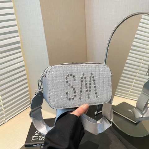 Women Fashion Camera Bag With Sequins Rivet Letter SM Decoration Wide Fabric Strap Crossbody Bag Small Square Shoulder Bag
