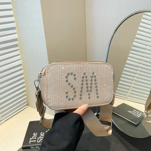 Women Fashion Camera Bag With Sequins Rivet Letter SM Decoration Wide Fabric Strap Crossbody Bag Small Square Shoulder Bag