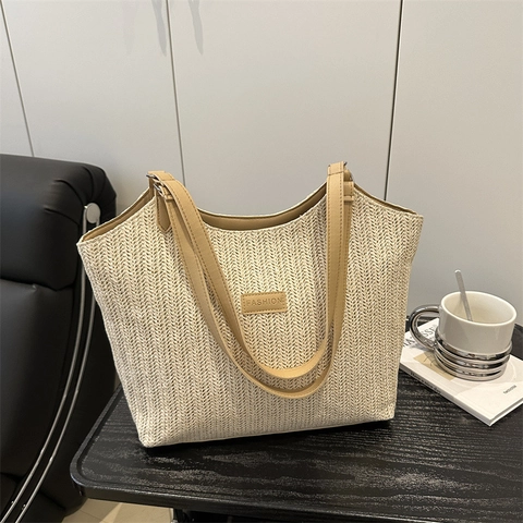 Damen Mode Stroh Gewebt Tote Bag Große Kapazität Handtasche Mit PU Leder Riemen Sommer Strand Lässig Schultertasche