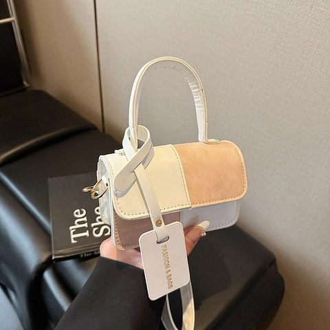 Bolso de Hombro de Cuero PU de Retazos de Moda para Mujer Bolso Pequeño Cuadrado Con Costuras de Color de Contraste Bolso Bandolera