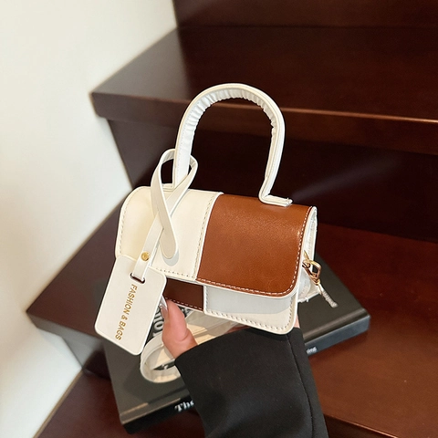 Bolso de Hombro de Cuero PU de Retazos de Moda para Mujer Bolso Pequeño Cuadrado Con Costuras de Color de Contraste Bolso Bandolera