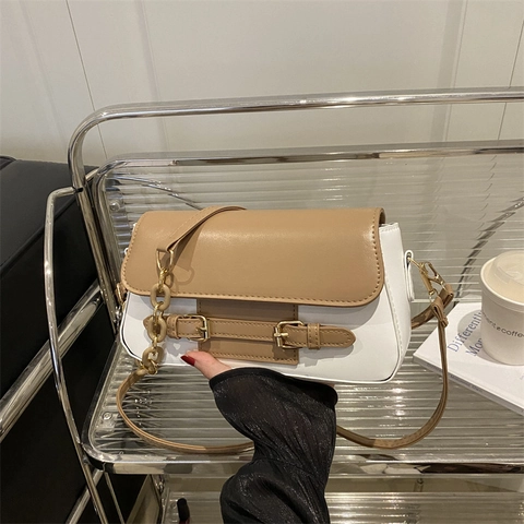 Borsa a Tracolla da Donna a Contrasto in Pelle PU Borsa a Spalla Quadrata alla Moda Con Catena Borsa Retro per Pendolari