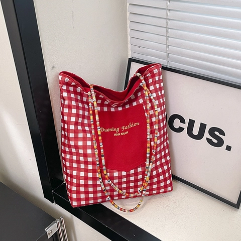 Borsa Tote in Tela a Quadretti a Contrasto Con Tracolla di Perline Colorate Grande Capacità Borsa a Spalla Moda Donna