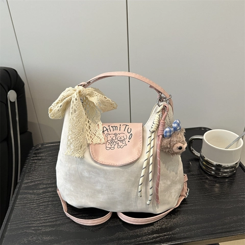 Borsa a Spalla da Donna Dolce Stile Coreano in PU Opaco Colore a Contrasto Stampa Cartone Animato Con Fiocco in Pizzo Borsa a Tracolla