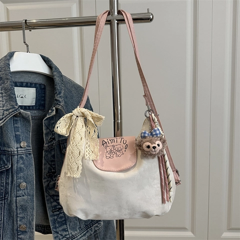 Borsa a Spalla da Donna Dolce Stile Coreano in PU Opaco Colore a Contrasto Stampa Cartone Animato Con Fiocco in Pizzo Borsa a Tracolla