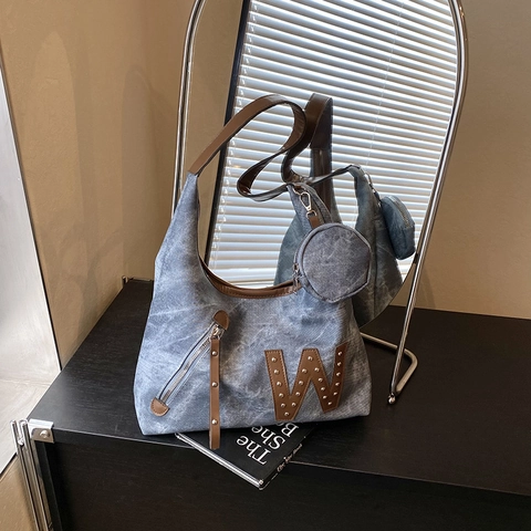 Bolso Tote de Lona y Cuero PU de Gran Capacidad Vintage Y Monedero Con Remaches Letra W Mujer Bolso de Hombro Para Escuela Trabajo