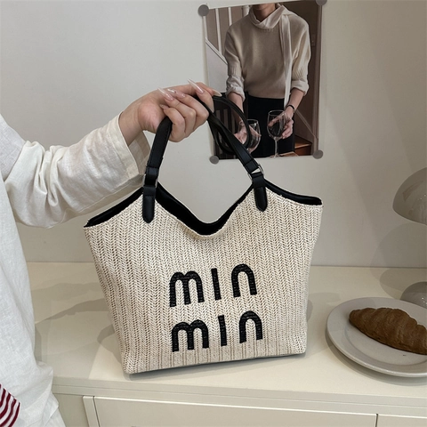 Borsa Tote in Paglia Intrecciata di Grande Capacità per Donna Borsa da Spiaggia Estiva Con Manico in Pelle PU e Ricamo