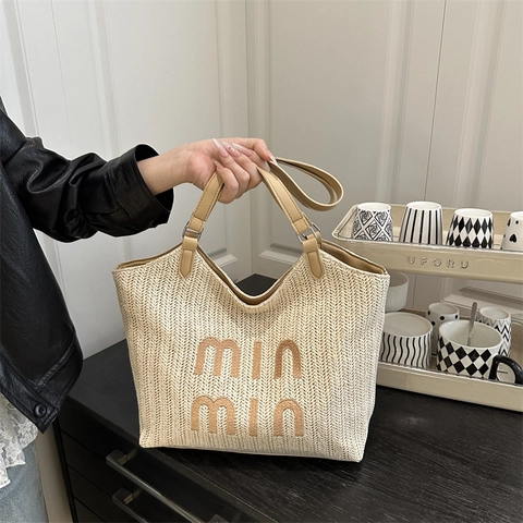 Borsa Tote in Paglia Intrecciata di Grande Capacità per Donna Borsa da Spiaggia Estiva Con Manico in Pelle PU e Ricamo