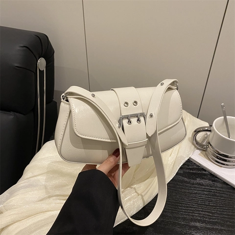 Bolso de Axila de Cuero PU Minimalista para Mujer Moda Viaje Diario Bolso de Hombro Hebilla de Metal Color Sólido