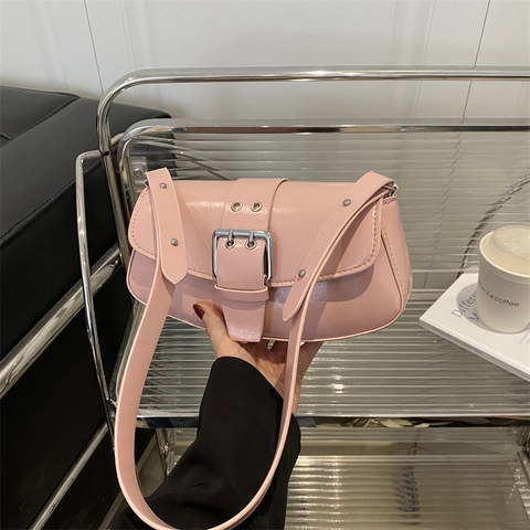 Bolso de Axila de Cuero PU Minimalista para Mujer Moda Viaje Diario Bolso de Hombro Hebilla de Metal Color Sólido