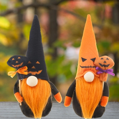 Halloween Faceless Gnome Plush Doll Holding Pumpkin Wand Orange Beard Black Orange Hat For Spooky Party Home Table Decor