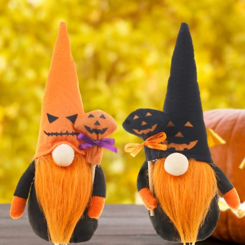 Halloween Faceless Gnome Plush Doll Holding Pumpkin Wand Orange Beard Black Orange Hat For Spooky Party Home Table Decor