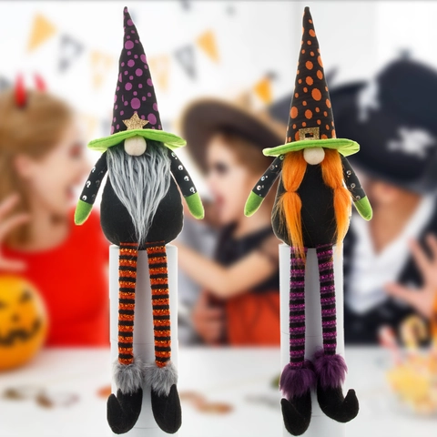 Decoración de Peluche de Gnomo de Halloween Piernas Largas Sombrero de Bruja Lunares Rayas Muñeca de Mago para Fiesta Hogar
