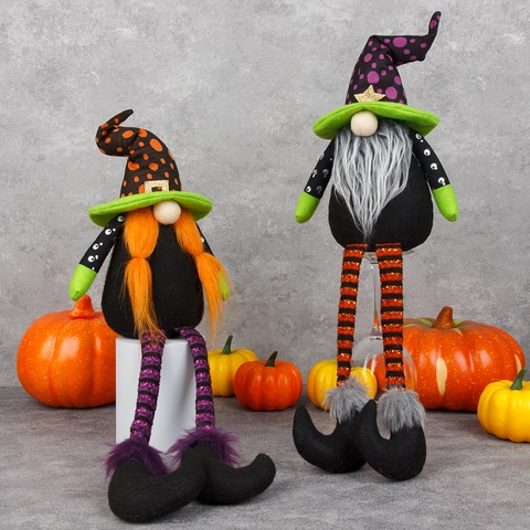 Decoración de Peluche de Gnomo de Halloween Piernas Largas Sombrero de Bruja Lunares Rayas Muñeca de Mago para Fiesta Hogar