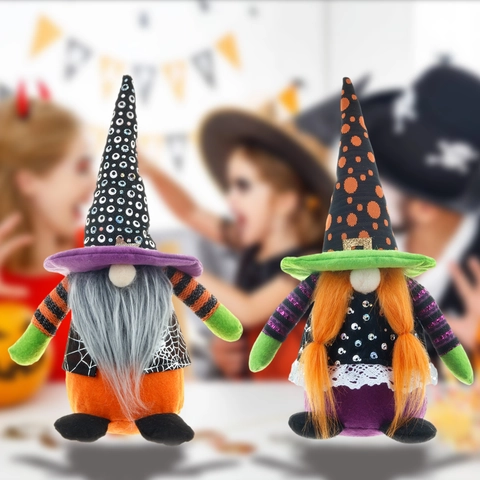 Halloween Gnome Plush Doll With Pointed Witch Hat Spider Web Pattern For Holiday Home Table Party Decoration Halloween Ornament