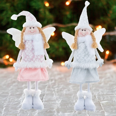 Bambola Di Peluche Angelo Di Natale Con Gambe Telescopiche Ali Motivo A Fiocco Di Neve Rosa Argento Per Decorazione Casa Festa