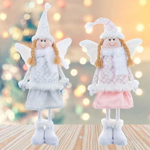 Bambola Di Peluche Angelo Di Natale Con Gambe Telescopiche Ali Motivo A Fiocco Di Neve Rosa Argento Per Decorazione Casa Festa