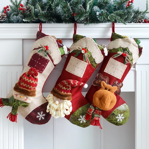Large Christmas Stocking With 3D Santa Snowman Reindeer Plush Applique Linen Felt Xmas Gift Bag Fireplace Decoration