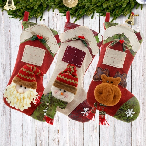 Large Christmas Stocking With 3D Santa Snowman Reindeer Plush Applique Linen Felt Xmas Gift Bag Fireplace Decoration
