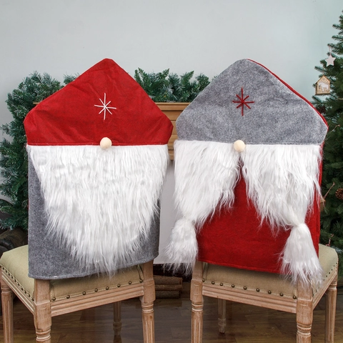 Christmas Gnome Chair Cover Nordic Faceless Old Man Star Embroidery Artificial Fur Beard Dining Party Decor Red Gray