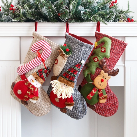 Large Knitted Christmas Stockings Rustic Santa Snowman Reindeer 3D Applique Fireplace Hanging Gift Bags Festival Decor