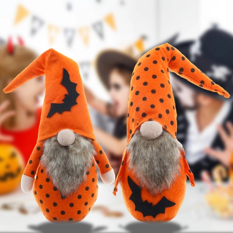 Handmade Halloween Gnome Plush Decoration Orange Bat Polka Dot Faceless Doll Ornament For Home Table Festive Party Decor Gift