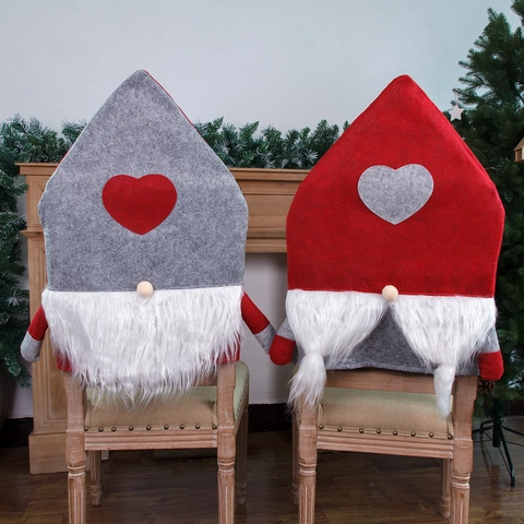 Christmas Gnome Chair Covers Nordic Forest Man Felt Faux Fur Chair Back Covers Heart Pattern Festive Dining Room Decor