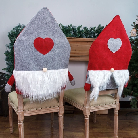 Christmas Gnome Chair Covers Nordic Forest Man Felt Faux Fur Chair Back Covers Heart Pattern Festive Dining Room Decor