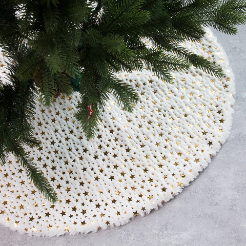 Gold Star Printed Plush Christmas Tree Skirt Faux Fur Round Tree Mat Base Cover For Xmas Holiday Party Home Decoration