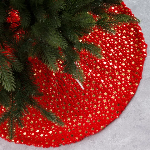 Gold Star Printed Plush Christmas Tree Skirt Faux Fur Round Tree Mat Base Cover For Xmas Holiday Party Home Decoration